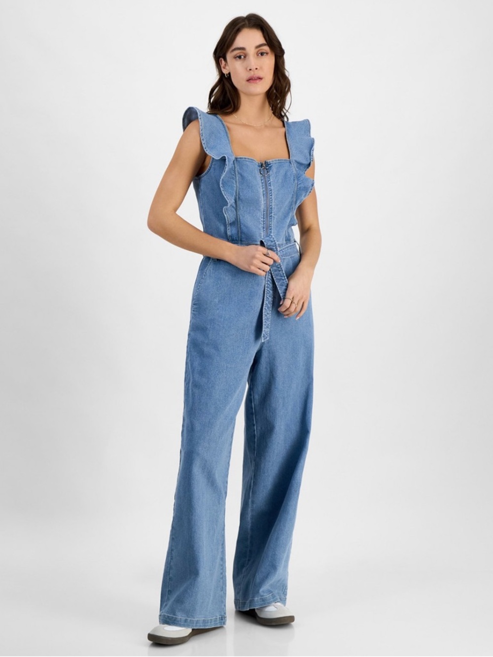 Tinseltown Juniors’ Ruffle-Strap Wide Leg Jumpsuit- Medium
